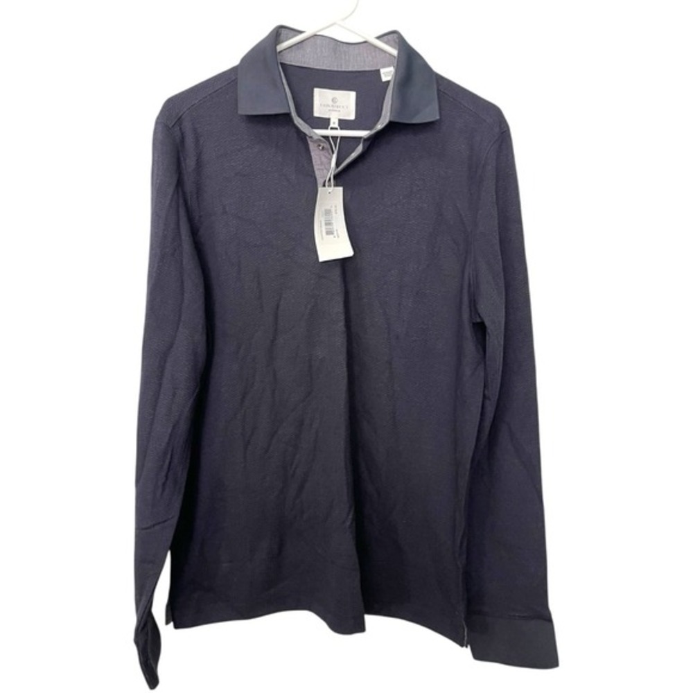NEW Con.Struct Medium‎ Navy Polo Shirt Long Sleeve Stretch Textured Knit Preppy